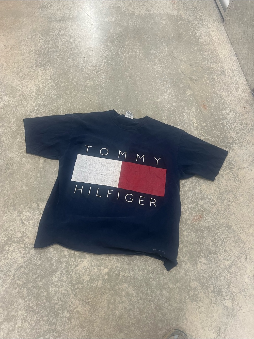 Y2k Tommy Hilfiger Navy Logo Tee with Red & White Flag